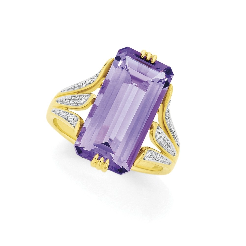 9ct Gold Amethyst & .10ct Diamond Emerald Cut Dress Ring