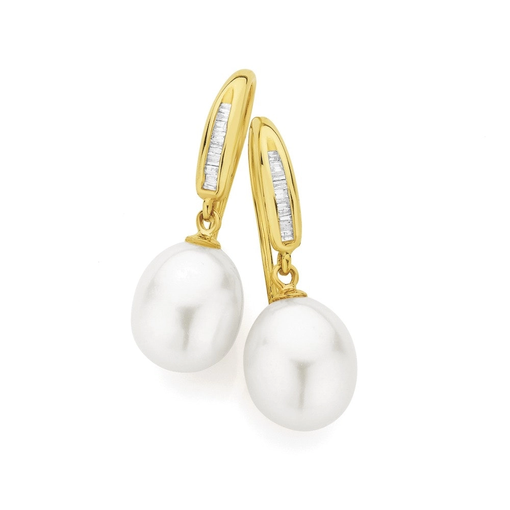 9ct Gold Cultured Fresh Water Pearl & Diamond Hook Earrings