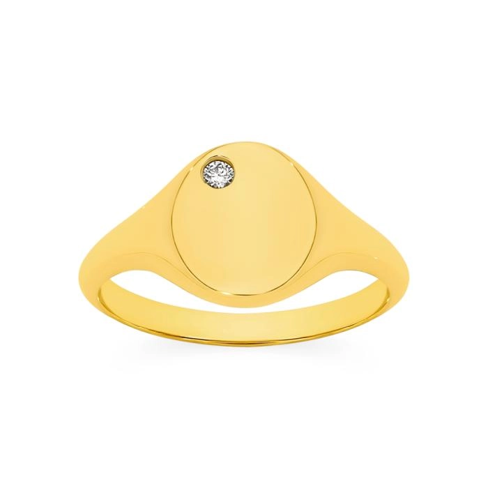 9ct Gold Diamond Corner Oval Signet Ring