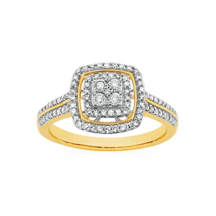 9ct Gold Diamond Cushion Halo Cluster Ring