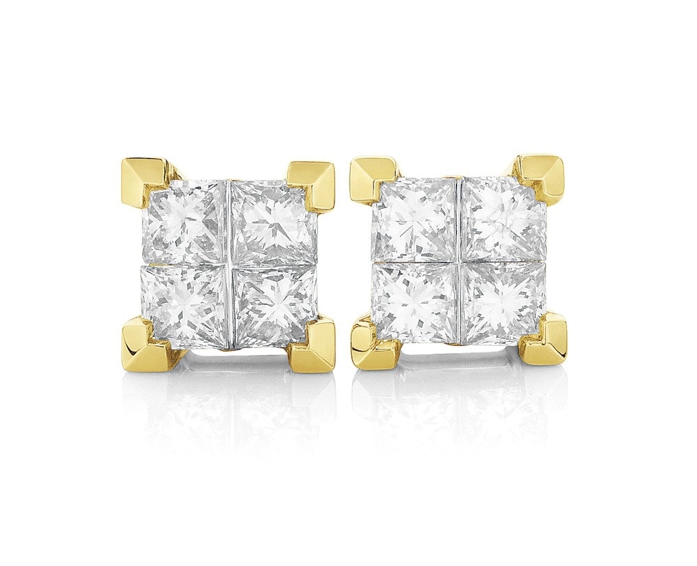 9ct Gold Diamond Princess Cut Stud Earrings