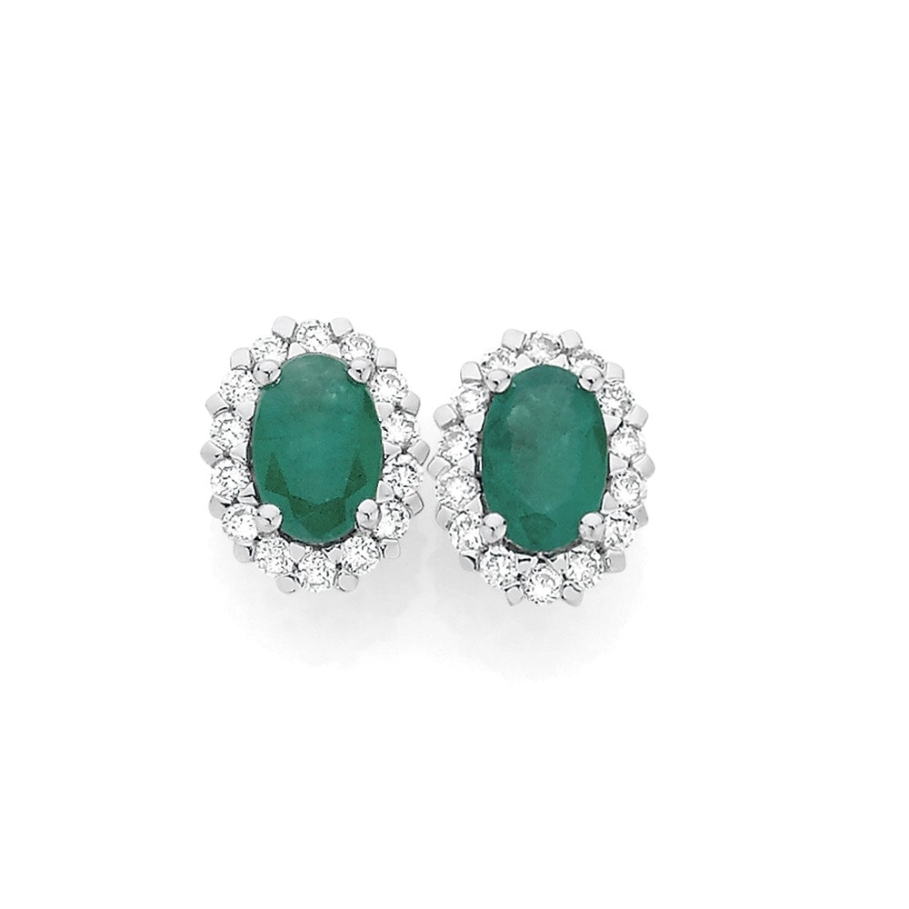 9ct Gold Emerald & .25ct Diamond Oval Frame Stud Earrings