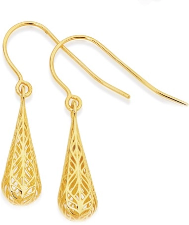 9ct Gold Filigree Bomber Hook Drop Earrings