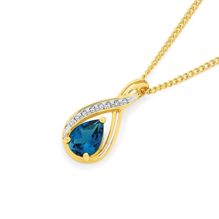 9ct Gold London Blue Topaz & Diamond Swirl Slider Pendant