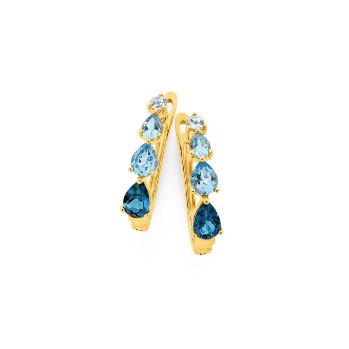 9ct Gold London Sky Blue Topaz Lever Back Hoop Earrings