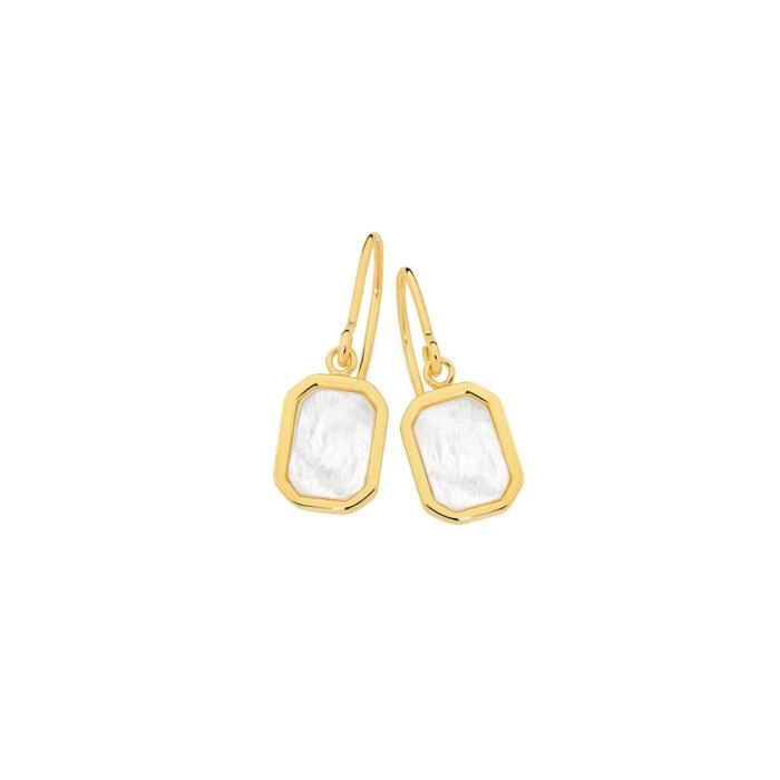 9ct Gold Mother of Pearl Rectangle Hook Drop Earrings