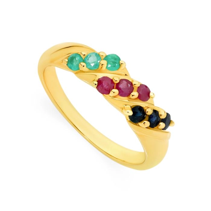 9ct Gold Natural Sapphire, Ruby, Emerald Wave Ring