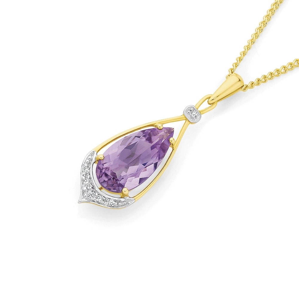 9ct Gold Pink Amethyst & Diamond Pendant