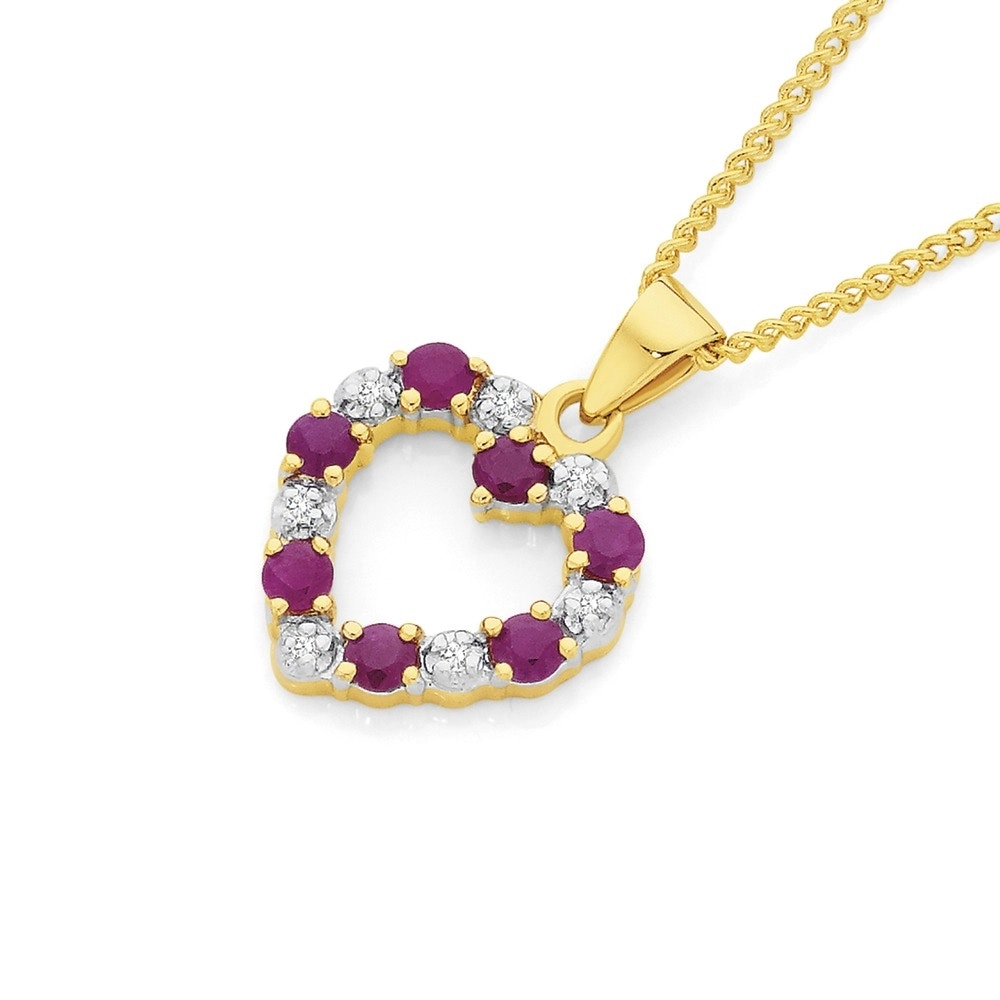 9ct Gold Ruby & Diamond Heart Pendant