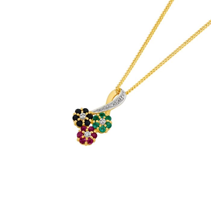 9ct Gold Sapphire, Ruby, Emerald & Diamond Diamond Slider Pendant