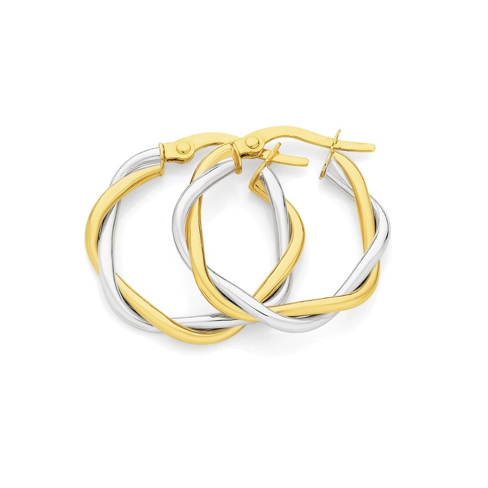 9ct Gold Two Tone Twist Medium Hoop Earrings