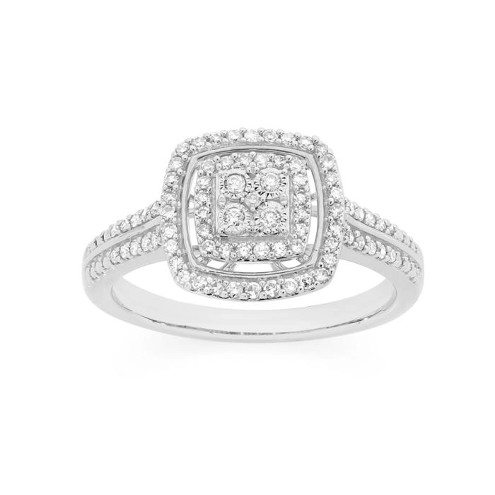 9ct White Gold Diamond Cushion Halo Cluster Ring