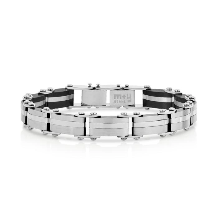 M+Y Stainless Steel Black & Silver Bar Men's Bracelet