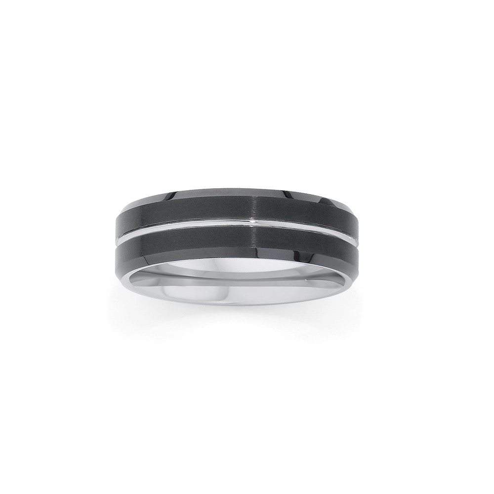 M+Y Tungsten Carbide Black and Centre Line Men's Ring