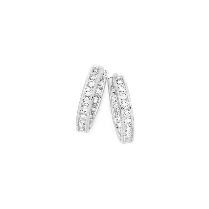 Sterling Silver 15mm Channel Set Cubic Zirconia Hoop Earrings