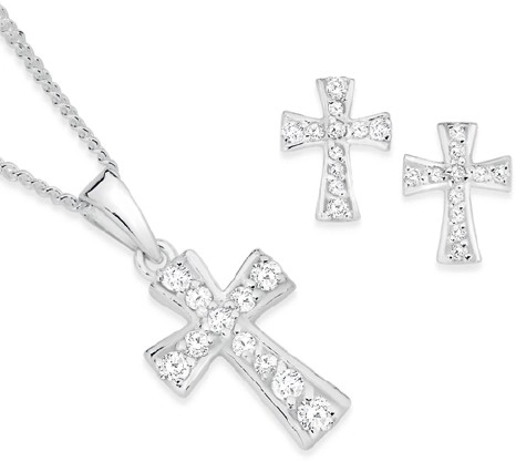 Sterling Silver Cubic Zirconia Fancy Cross Earrings & Pendant Set