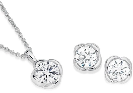 Sterling Silver Round Cubic Zirconia Scallop Border Stud Earrings & Pendant Set