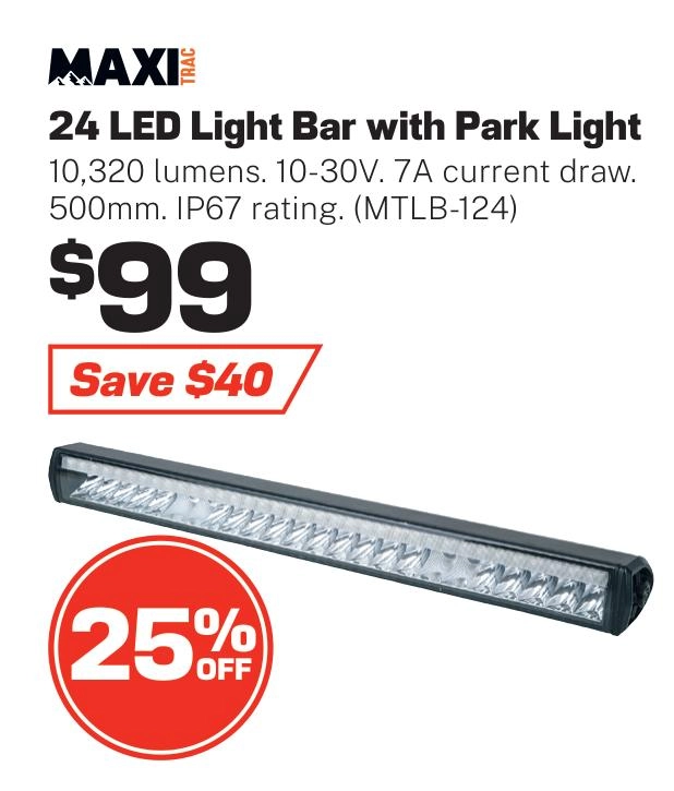 Maxi Trac 24 LED Light Bar, 500mm Long, Integrated Park Light, 10320 Lumens - MTLB-124