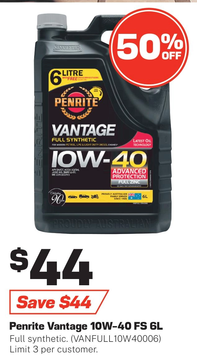 Penrite Vantage Full Synthetic 10W-40 Engine Oil 6L - VANFULL10W40006