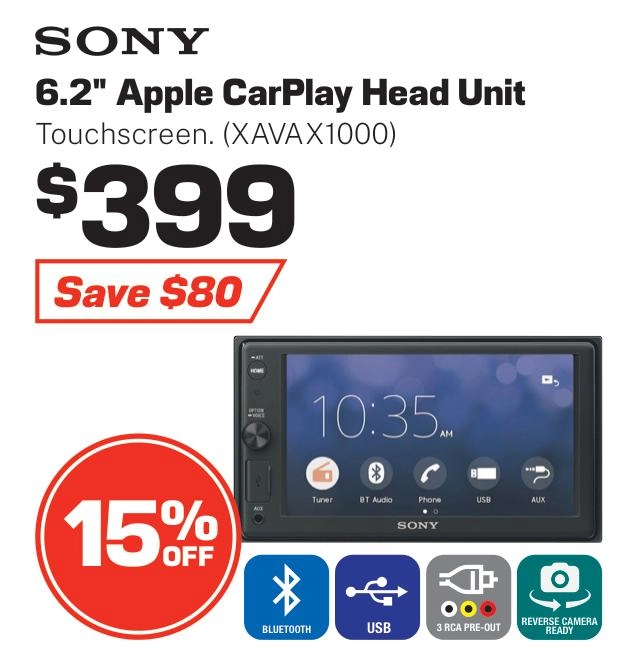 Sony 6.2Inch Touchscreen Apple CarPlay Head Unit - XAVAX1000