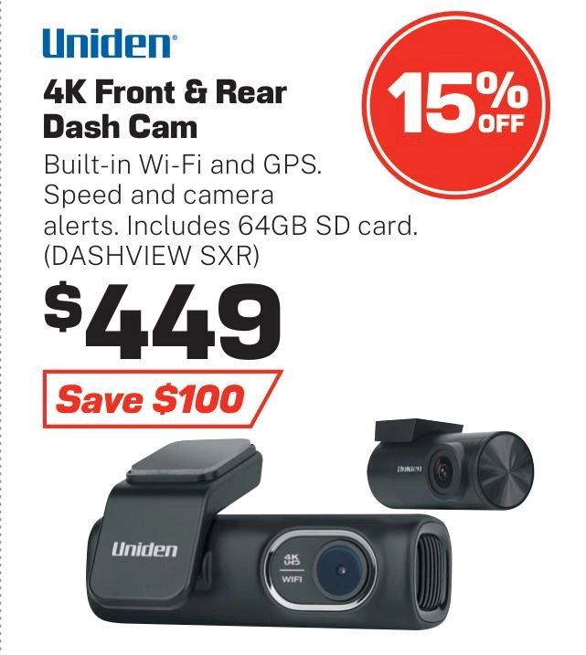 Uniden 4K Front & Rear Dash Cam - DASHVIEW SXR