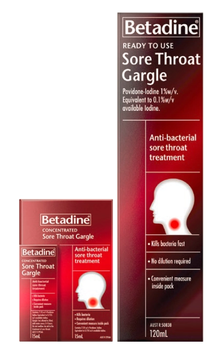 Betadine Sore Throat Gargle 15ml or Ready to Use 120ml