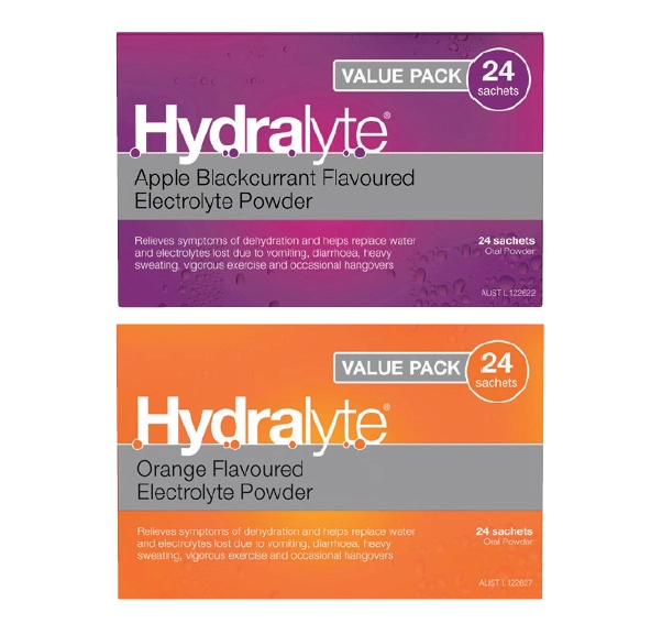 Hydralyte Electrolyte Powder Apple Blackcurrant Flavoured or Orange Flavoured Value Pack 24 Sachets