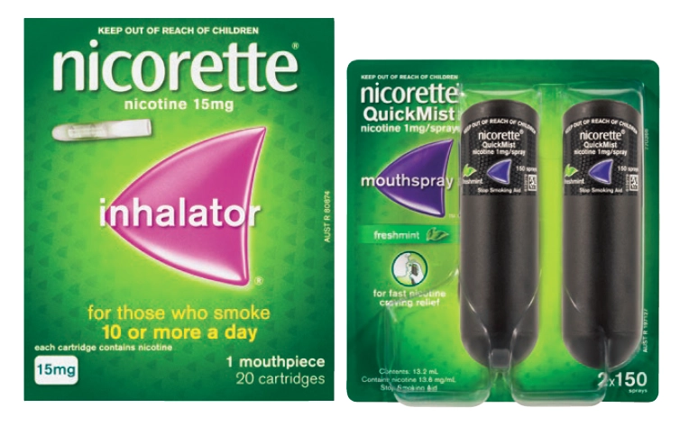 Nicorette Inhalator 15mg 20 Cartridges or QuickMist Mouth Spray Freshmint 1mg 300 Doses