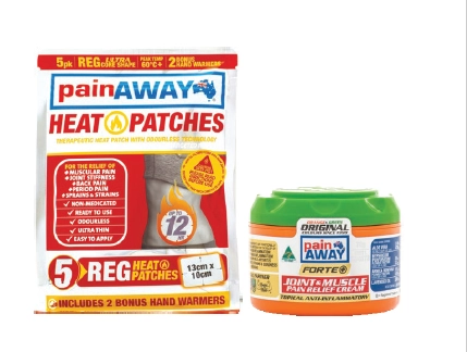 Pain Away Heat Patches Regular 5 Pack or Forte + Original Pain Relief Cream 70g