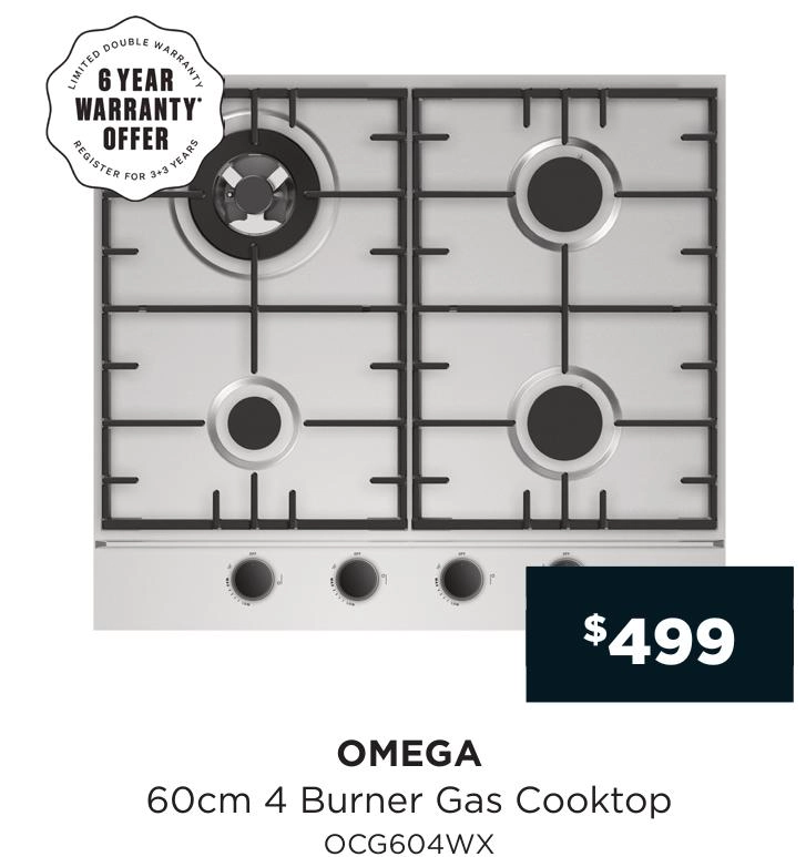 Omega 60cm 4 Burner Gas Cooktop