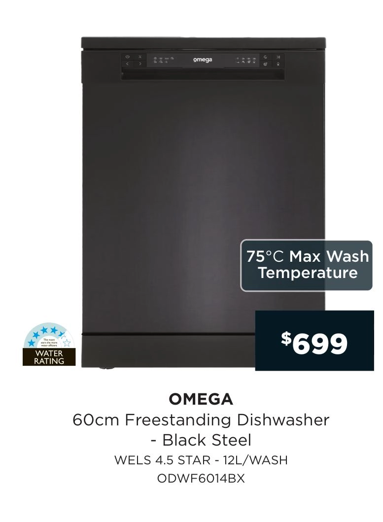 Omega 60cm Freestanding Dishwasher - Black Steel