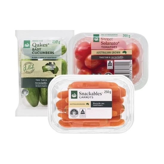 Australian Snackables® Carrots 250g Pack, Qukes® Baby Cucumbers 250g Pack or Sweet Solanato® Tomatoes 200g Punnet