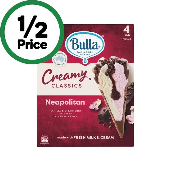 Bulla Creamy Classics Ice Cream Cones or Sandwiches 520-560ml Pk 4 – From the Freezer