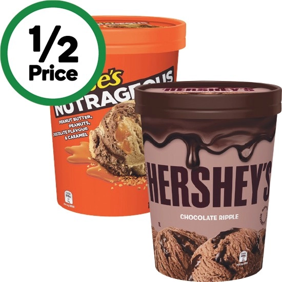 Hershey’s Milk Choc Tub or Reese’s Nutrageous Tub 1 Litre – From the Freezer