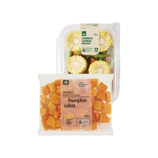 Woolworths Carrot, Corn & Beans 350g, Diced Pumpkin & Sweet Potato 500g or Diced Pumpkin Cubes 500g