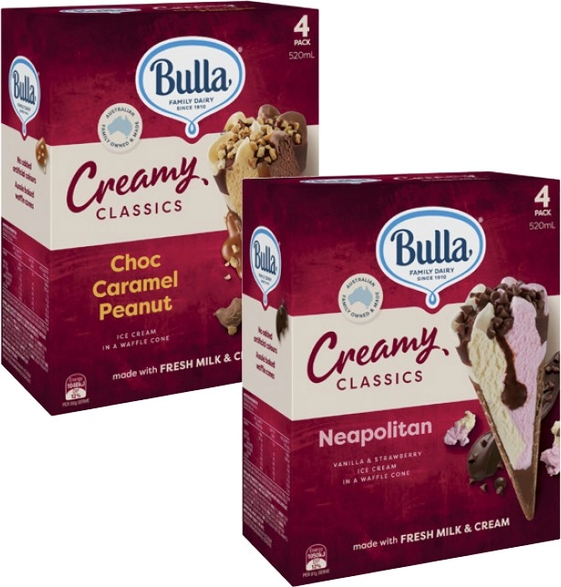 Bulla Creamy Classic Cones 520mL or Creamy Classic Sandwich 560mL