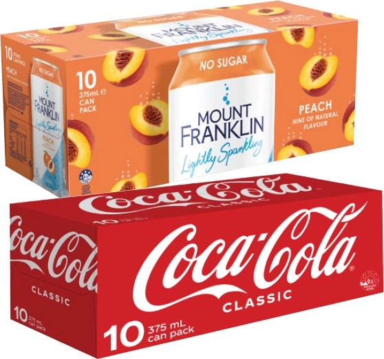 Coca-Cola, Fanta or Sprite Soft Drink or Mt Franklin Sparkling Water 10x375mL