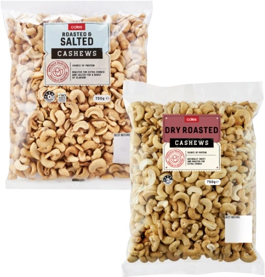 Coles Dry Roasted or Roasted & Salted Cashews 750g Pack