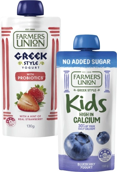 Farmers Union Greek Style Yogurt Pouch 130g or No Added Sugar Kids Yogurt Pouch 130g