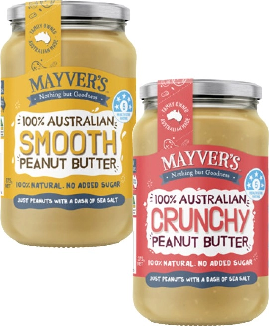 Mayver's Smooth or Crunchy Peanut Butter 375g