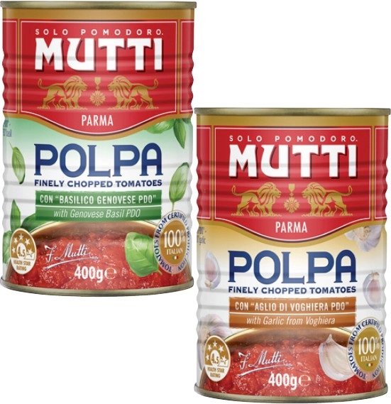 Mutti Finely Chopped Tomatoes with Basil or Garlic 400g