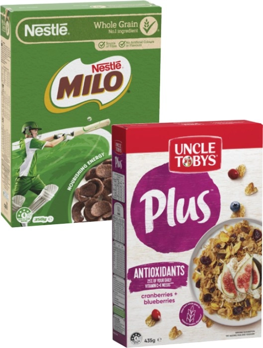 Nestlé Milo Cereal 350g or Uncle Tobys Plus 410g-435g