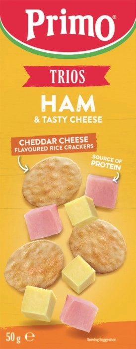 Primo Trios Ham, Tasty Cheese & Cheddar Rice Crackers 50g