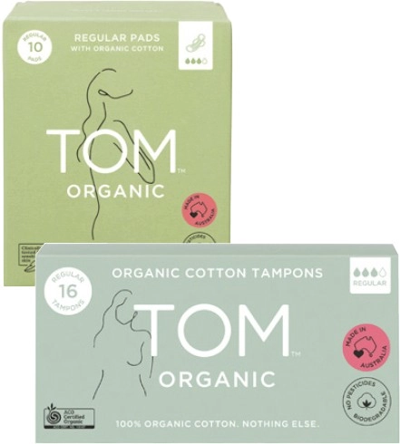 Tom Organic Regular Tampons 16 Pack or Regular Pads 10 Pack