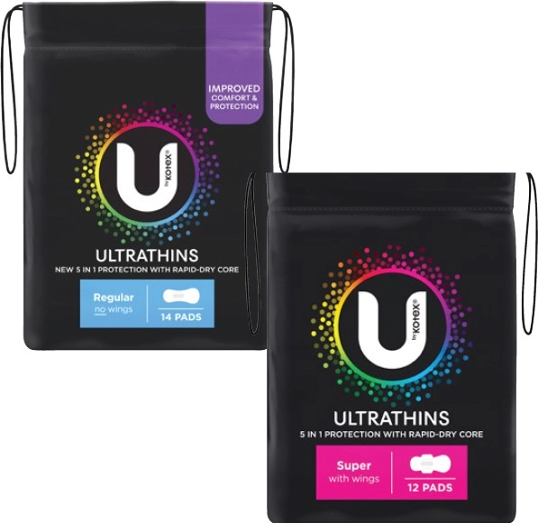 U By Kotex Ultra Thin Pads Regular with Wings 14 Pack or Super with Wings 12 Pack