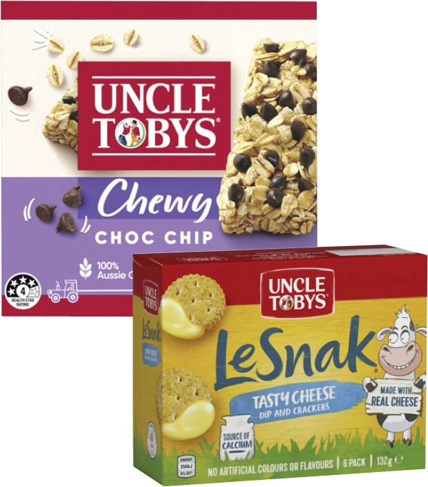 Uncle Tobys Muesli Bar 185g, Le Snak 132g or Le Snak Mini Crackers 119g