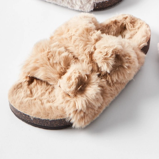 Furry Footbed Slippers - Beige