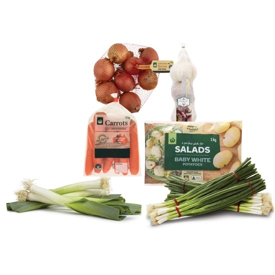 Australian Carrots 1 kg Pack, Brown Onions 1 kg Pack, Washed White Baby Potatoes 1 kg Pack, Spring Onions, Leek or Garlic Imported Pk 3