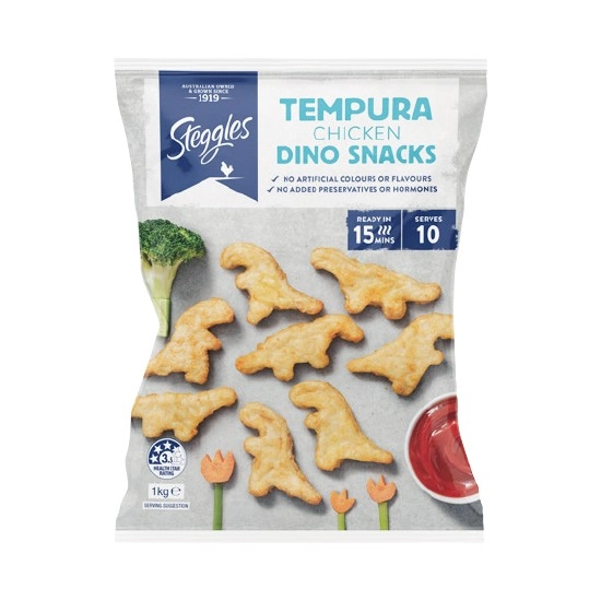 Steggles Chicken Dino Snacks, Tenders, Nuggets, Fingers, Wings, Pops or Alphabites 1 kg