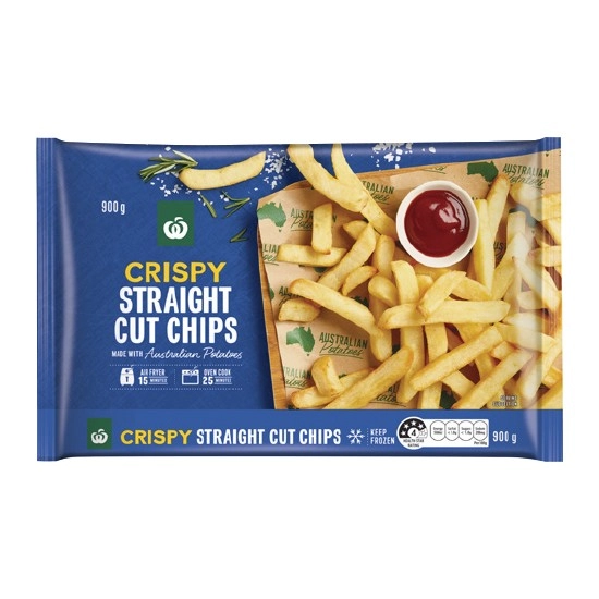 Woolworths Australian Crispy Straight or Crinkle Cut Chips 900g – From the Freezer